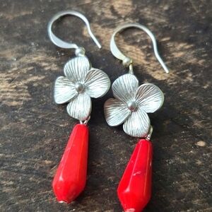 Silver Tone Floral  With Authentic  Red Coral  Drop Earrings